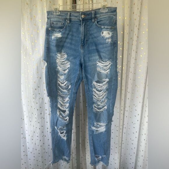 American Eagle Vintage Distressed Ripped Hem High Rise Mom Jeans Boho Western 4 - Picture 2 of 5